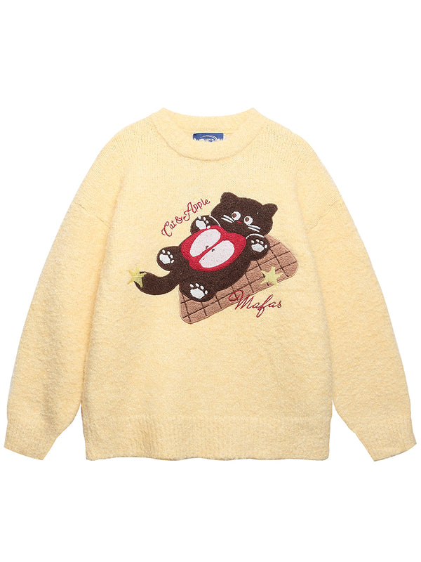 Cozy Oversized Sweater with Playful Cat & Fruit Graphic Pullovers