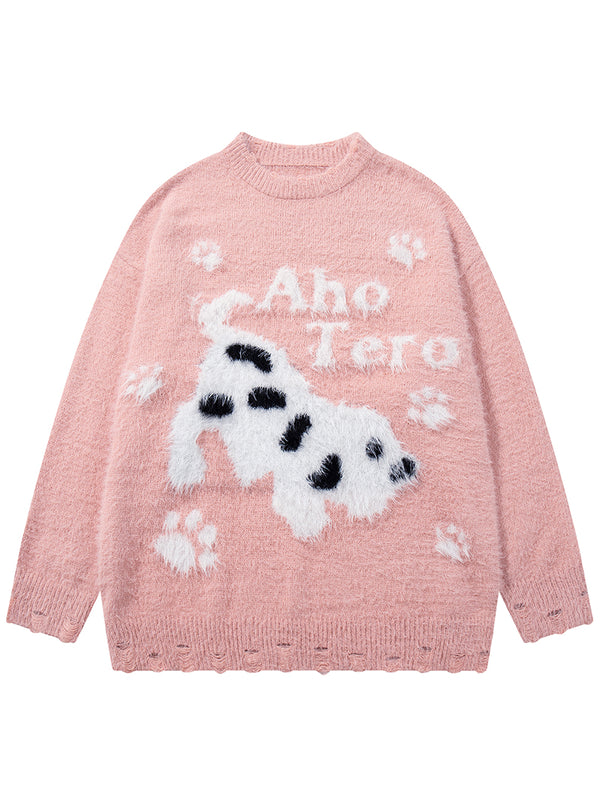 Playful Dog Graphic Faux Mink Sweaters Casual Streetwear Knitted Pullovers