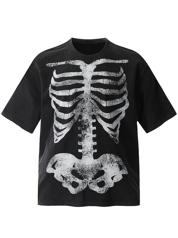 Vintage Washed Skeleton Graphic Print T-Shirt – Gothic Streetwear Tee