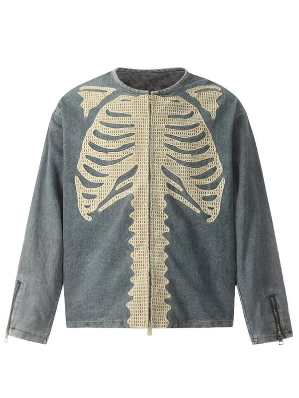 Oversized Denim Jacket – Heavy Embroidered Skeleton Streetwear Outerwear