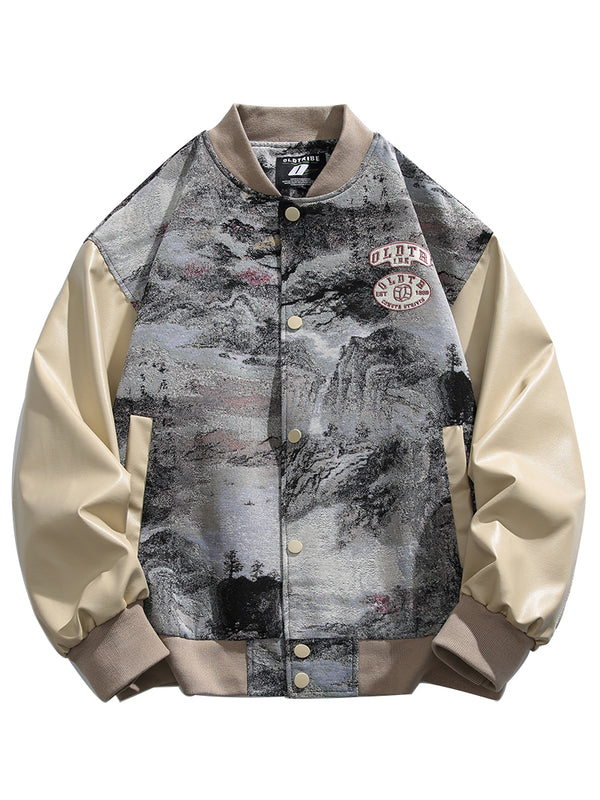 PU Leather Patchwork Mountain Scenery Embroidered Varsity Jackets