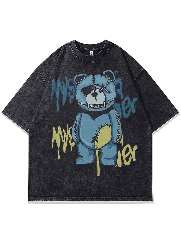 Vintage Cartoon Toy Teddy Bear Print Punk Gothic Washed Tshirts