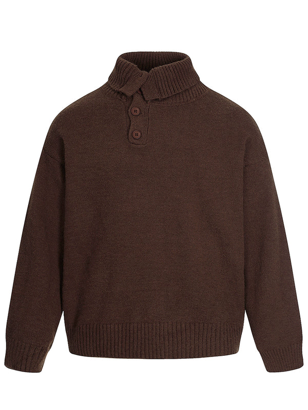 Buttoned Mock Neck Knitted Sweater – Casual Pullover for Fall & Winter