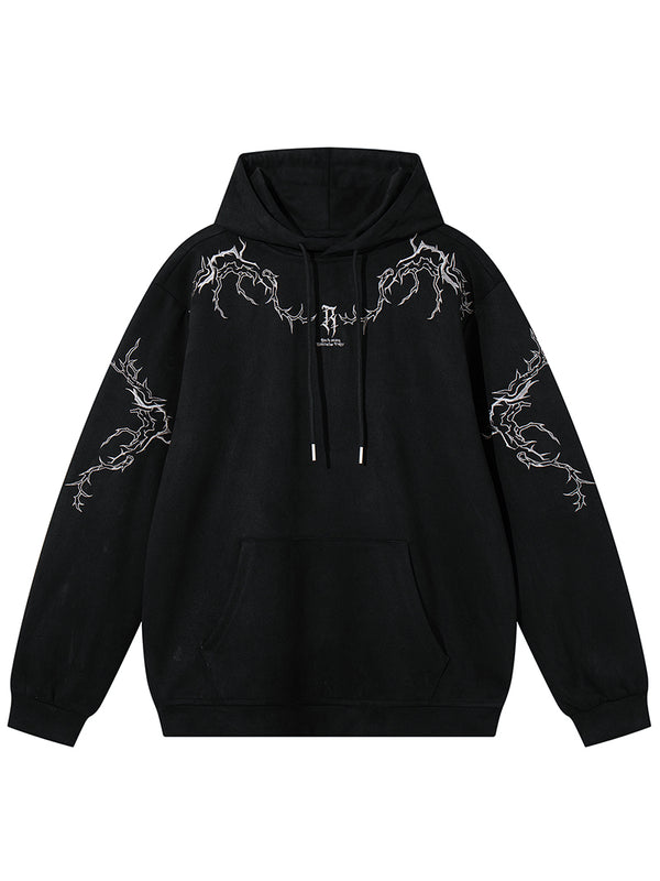 Lightning Embroidery Faux Suede Hoodies Streetwear Pullover Sweatshirt