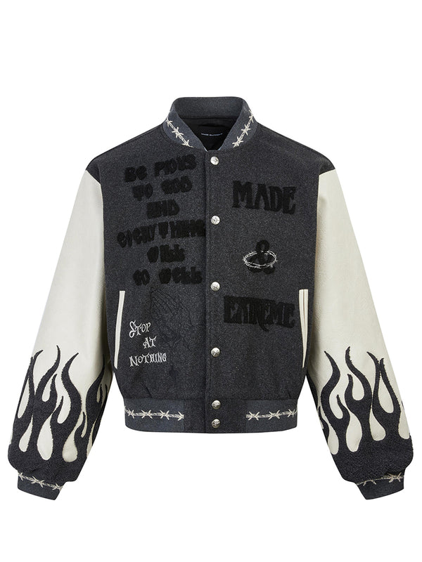 Flame Sleeve Patchwork Jesus Embroidery Varsity Jackets