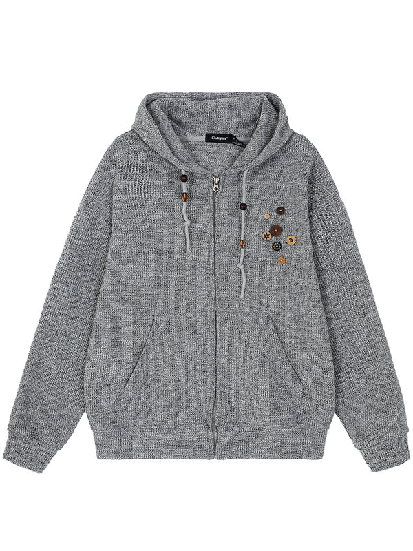 Decorative Button Knitted Zipper Up Warm Hoodies Outerwear