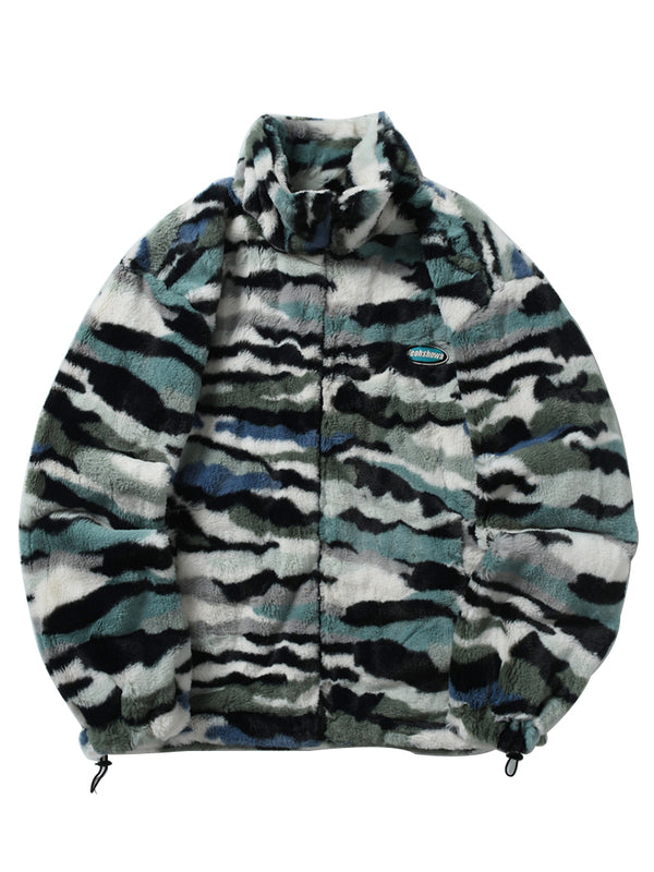 Winter Camouflage Striped Faux Rabbit Fur Warm Jackets