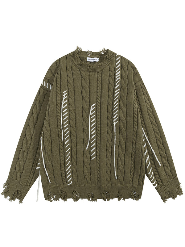 Distressed Cable Knitted Sweater – Oversized Streetwear Pullover