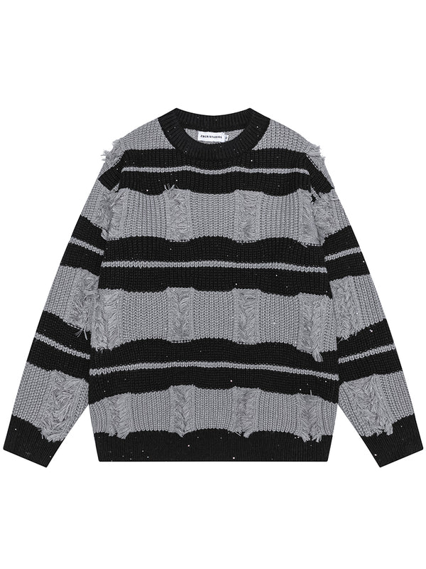 American Casual Striped Distressed Knitted Jumper Sweaters Pullovers