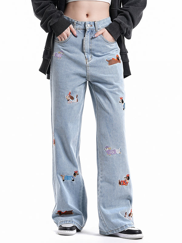 Streetwear Cartoon Dog Embroidered Denim Pants Jeans