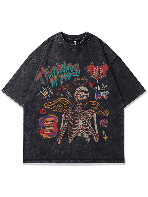 Grunge Funny Graffiti Skeleton Print Punk Gothic Washed Tshirts