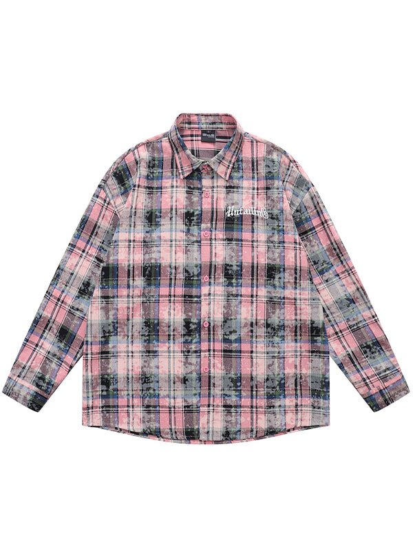 Classic Vintage Plaid Embroidery Dyeing Casual Checkered Shirts