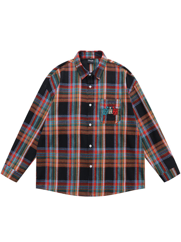 Classic Plaid Vintage Embroidery Pockets Long Sleeve Casual Shirts