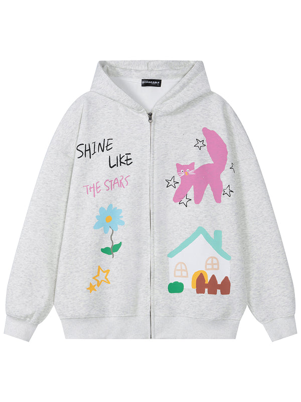 Whimsical Cat & House Graphic Zip-Up Hoodie Streetwear Sweatshirts