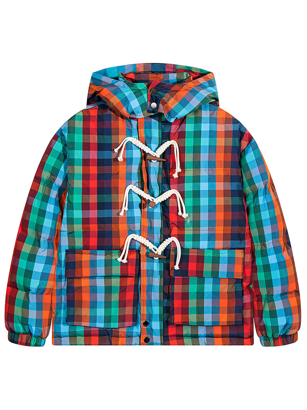Colorful Plaid Puffer Jacket with Rope Toggle Fastenings and Hood