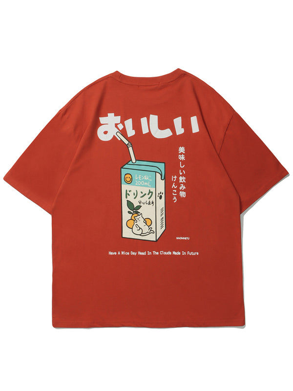 Cute Cartoon Drink Box Casual Wear T-Shirt with Fruit Character