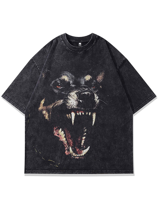 Doberman Dog Graphic Print Punk Gothic Washed Tshirts