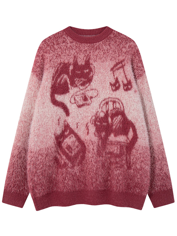 Cozy Gradient Cartoon Jacquard Oversized Knitted Sweaters