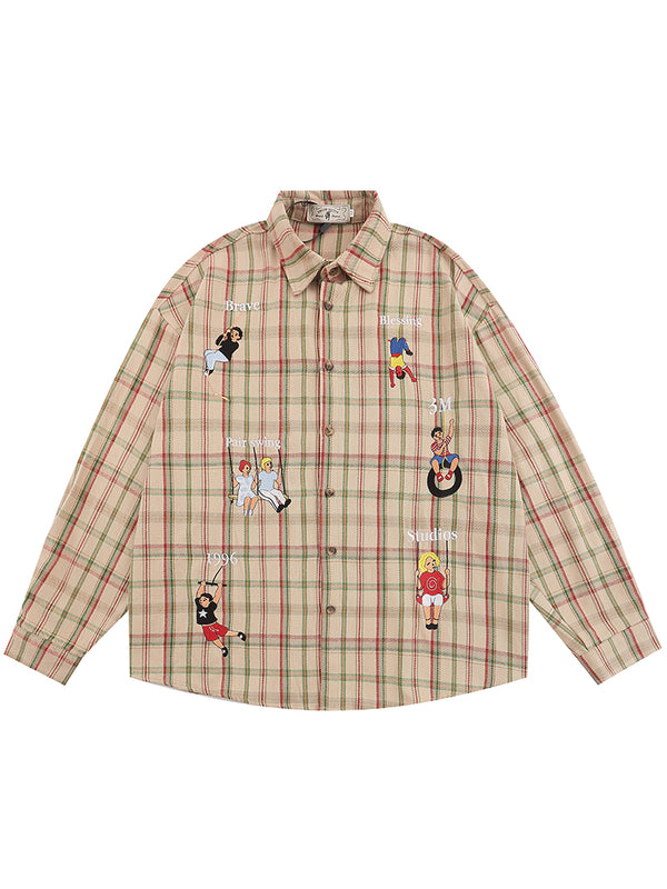 Creative Cartoon Embroidery Casual Plaid Button-Up Shirts