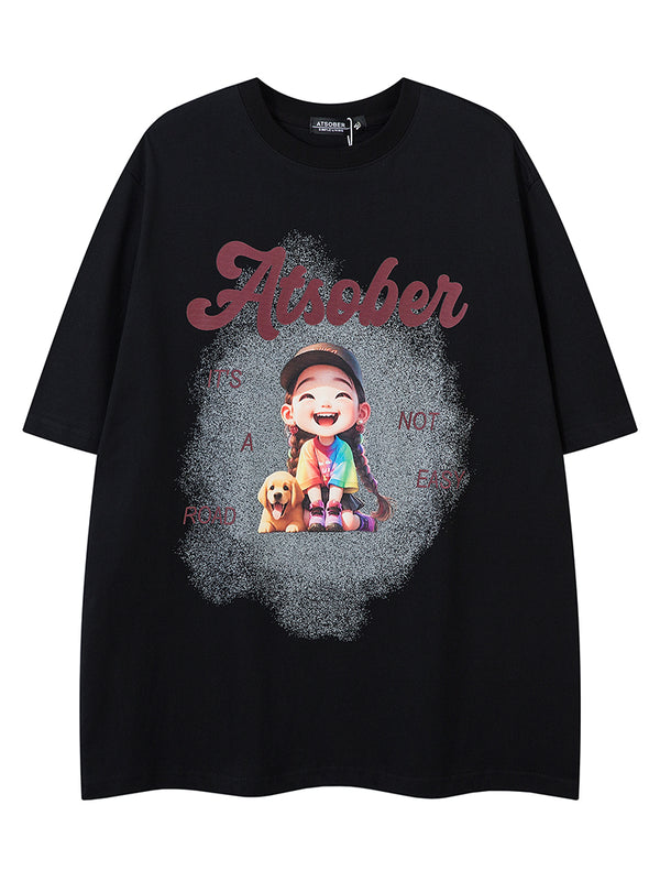 Cartoon Girl Dog Graphic Print T-Shirt Casual Cotton Streetwear Tee