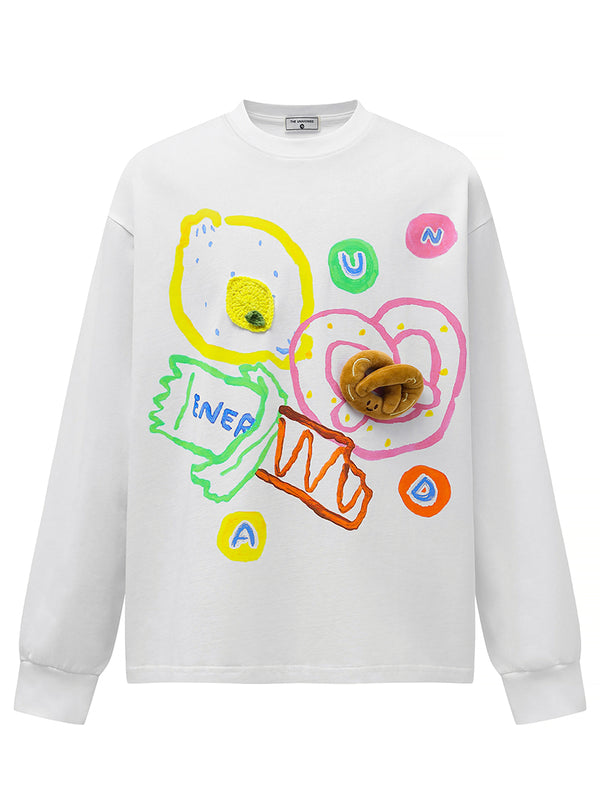 Playful Graphic Long Sleeve T-Shirt – Oversized with 3D Plush Accent