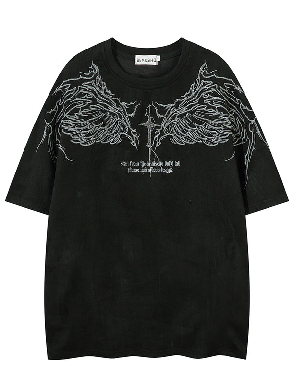 Gothic Angel Wings T-Shirt – Suede Fabric with Embroidery & Print