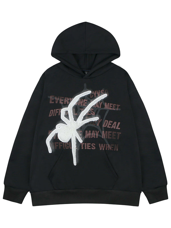 Streetwear Embroidered Spider Patch Fleece Pullover Hoodies