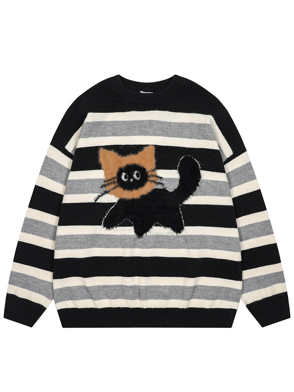 Streetwear Adorable Cat Motif Striped Knitted Pullover Sweaters