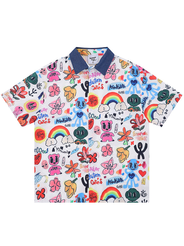 Streetwear Graffiti Print Button-Up Shirt with Contrast Collar