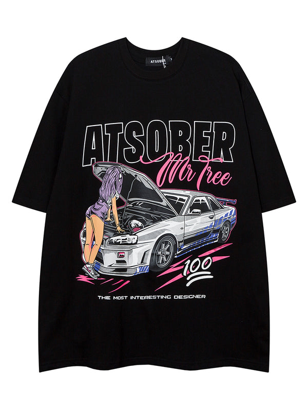 Oversized Graphic Tee – Sports Car & Anime Girl Streetwear T-Shirts