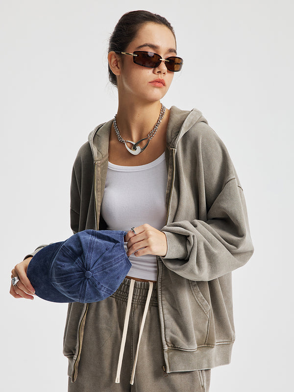 Vintage Washed 100% Cotton Zip-Up Hoodies Oversized Streetwear