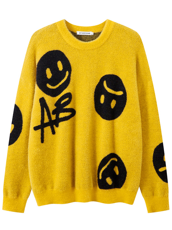 Streetwear Cozy Smiley Face Graphic Knitted Pullover Sweaters