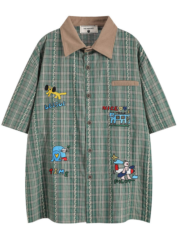 Cartoon Embroidery Vintage Plaid Oversized Short Sleeve Shirts