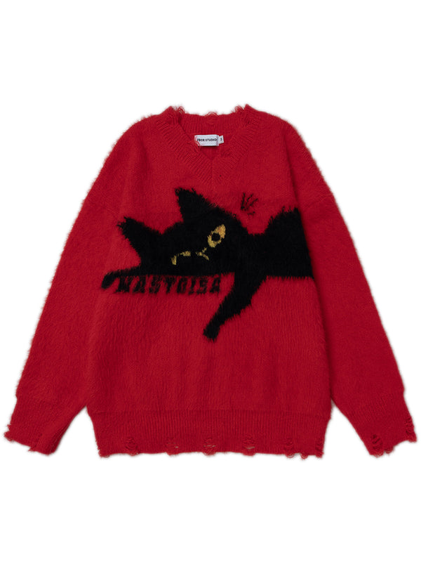 Oversized Cat Graphic Sweater Soft Fuzzy Casual Streetwear Knit Pullover