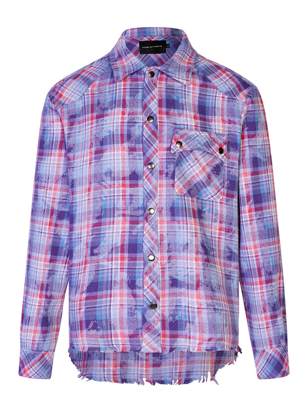 Unisex Frayed Hem Plaid Distressed Button-Down Shirts Jacket