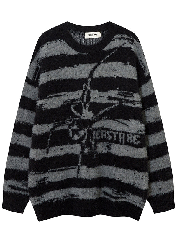 Streetwear Cozy Striped Spider Graphic Knitted Sweaters Pullover