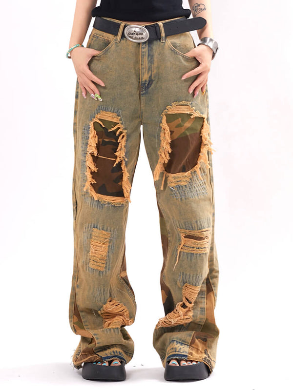 Ripped Distressed Camouflage Patchwork Beggar Bell-bottoms Jeans