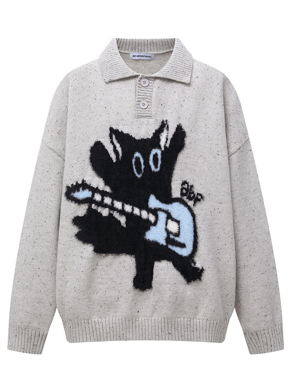 Oversized Knitted Sweaters with Dog Guitar Graphic Streetwear Pullovers