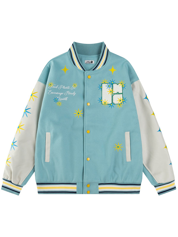 Starburst Embroidered Varsity Jacket – Color Block Streetwear Baseball Coat