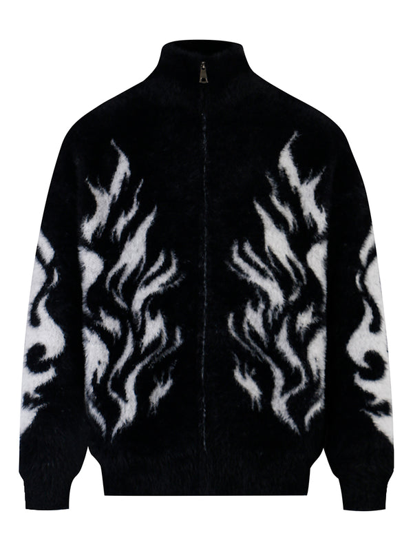 Flame Pattern Zip-Up Sweater Jacket – Fuzzy Knit Streetwear Cardigan