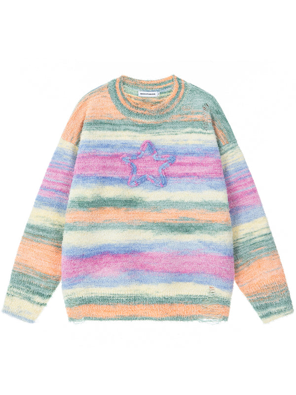 Streetwear Cozy Rainbow Striped Star Knitter Pullover Sweaters