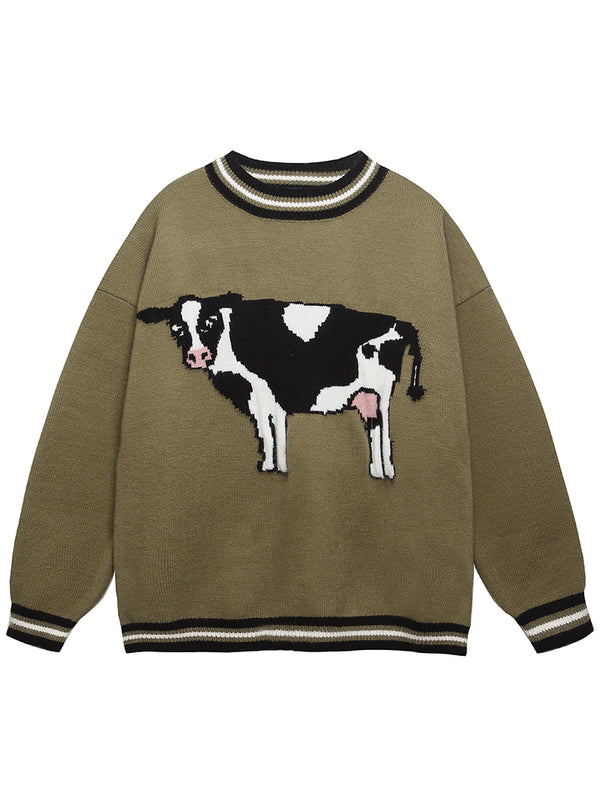 Oversized Knitted Sweater with Cow Graphic – Casual Streetwear Pullovers