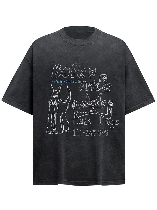 Graphic Tee – Vintage Washed Street Style Cat & Dog Sketch Print