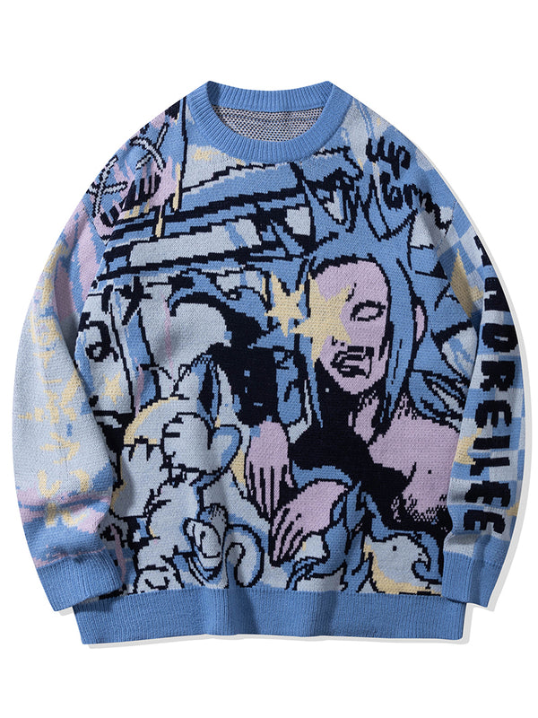 Abstract Cartoon Graphic Casual Streetwear Knitted Pullover Sweaters