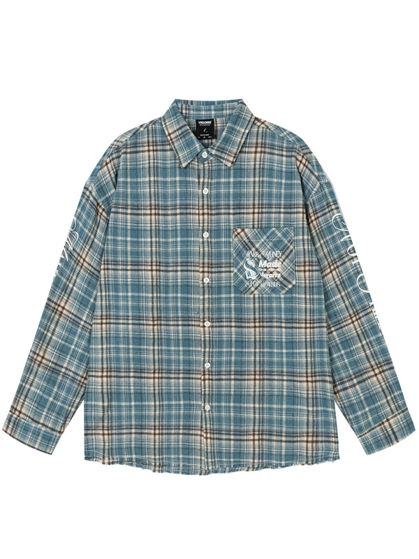 Streetwear Vintage Brushed Raw Hem Plaid Button Shirts