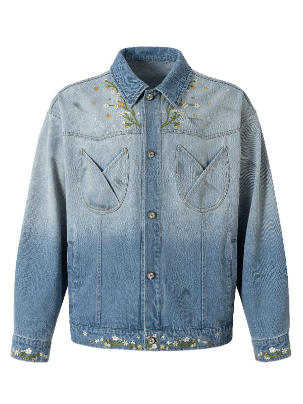 Ombre Embroidered Denim Jackets – Blue Gradient Casual Jean Coats