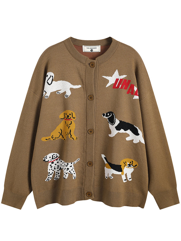 Streetwear Dog-Themed Button Knitted Cardigan Sweaters