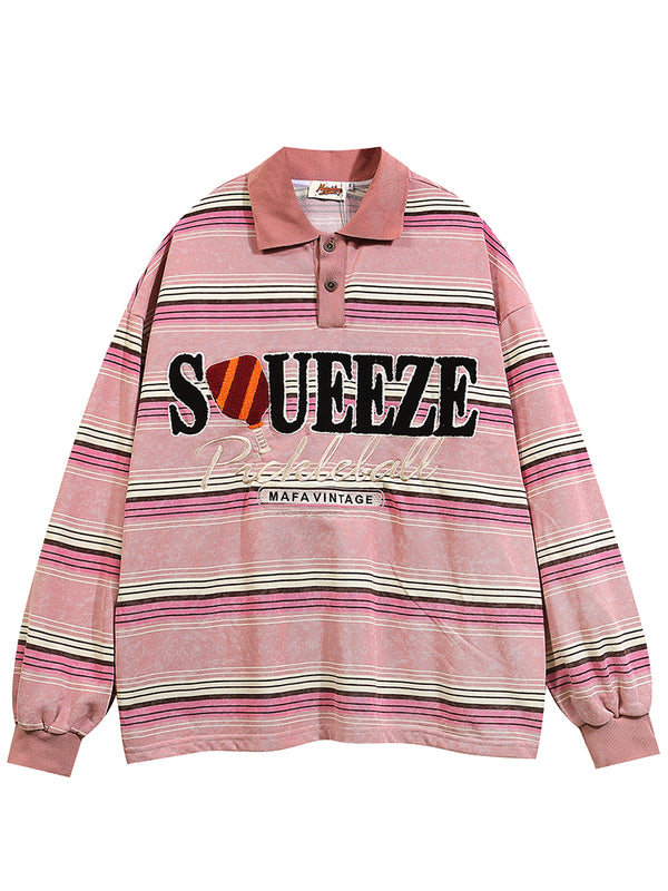 Unisex Vintage Striped Embroidered Sports Sweatshirts Pullover