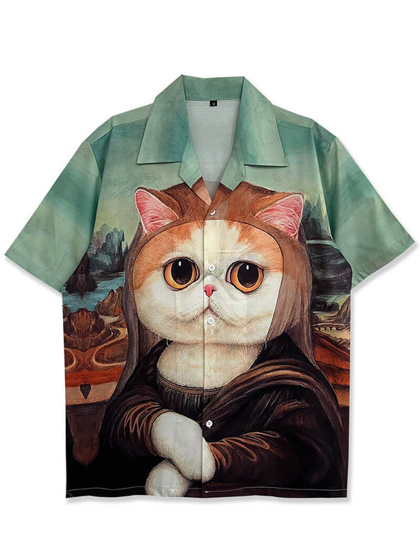 Funny Cartoon Cat Mona Lisa Graphic Printed Hawaiian Beach Shirts