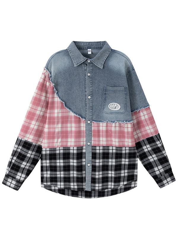 Patchwork Plaid and Denim Shirt – Oversized Streetwear Button Up